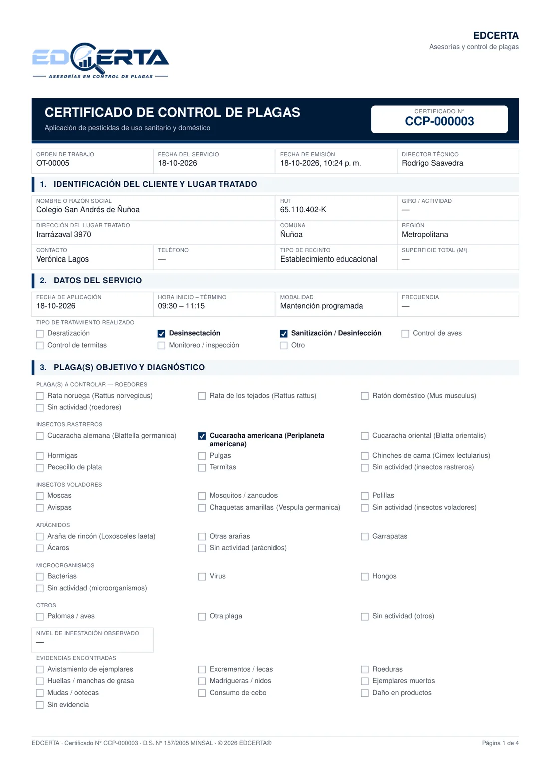 Certificado en PDF con folio y datos del servicio