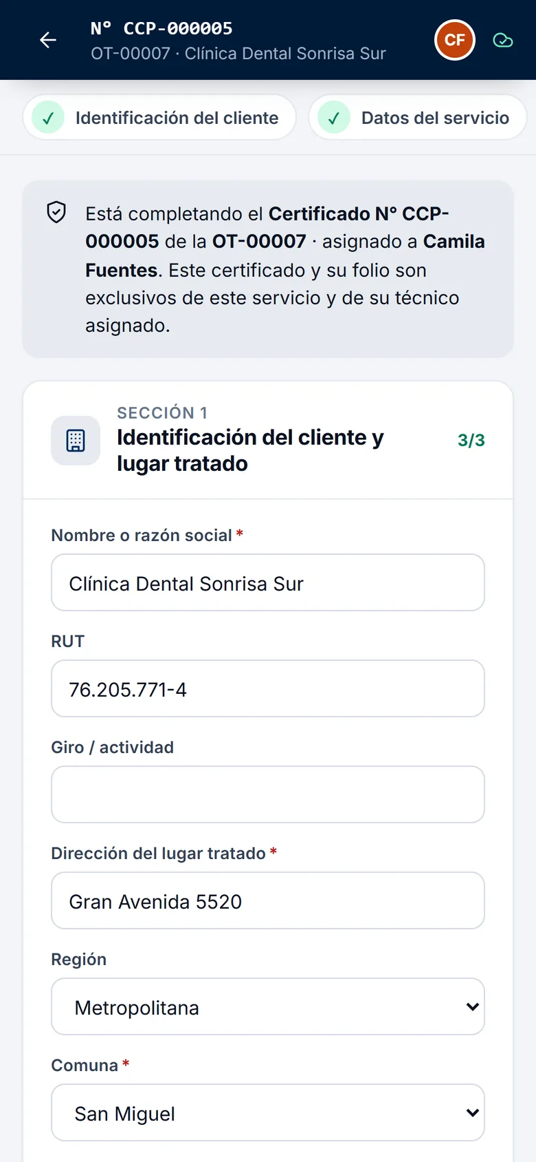 Sección de identificación del cliente en la app de terreno